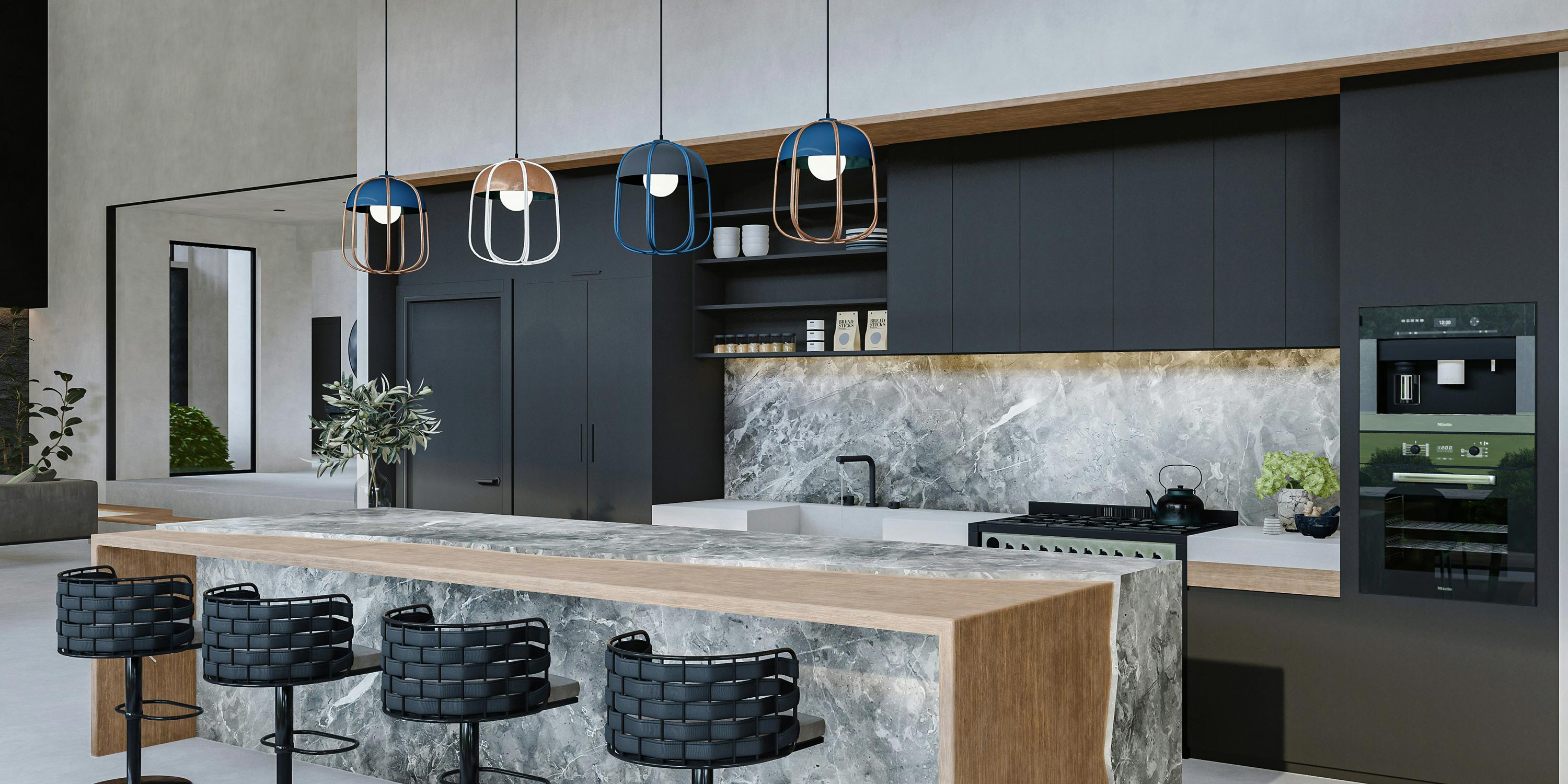 Sleek contemporary kitchen with marble island and pendant lighting