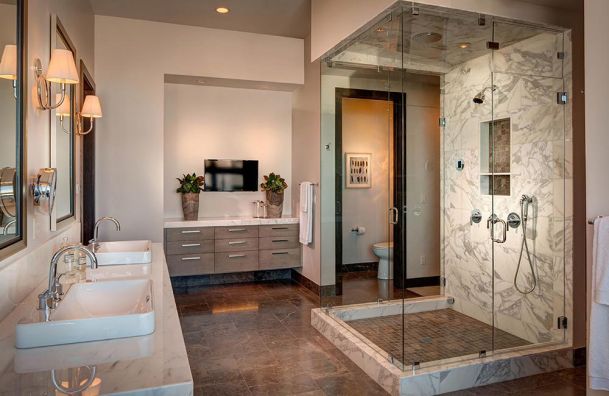 DMF Lighting in a marble bathroom